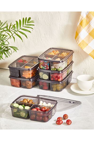 Purelegant Gray Breakfast Vegetable Storage Set - 4 Compartments, Lid, Lunch Fridge Organizer, 250 ml