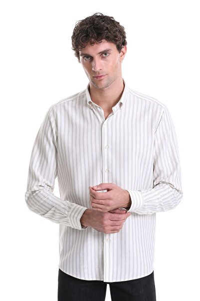 Hatemoğlu Beige Slim Fit Striped Stand Collar Cotton Long Sleeve Casual Shirt...