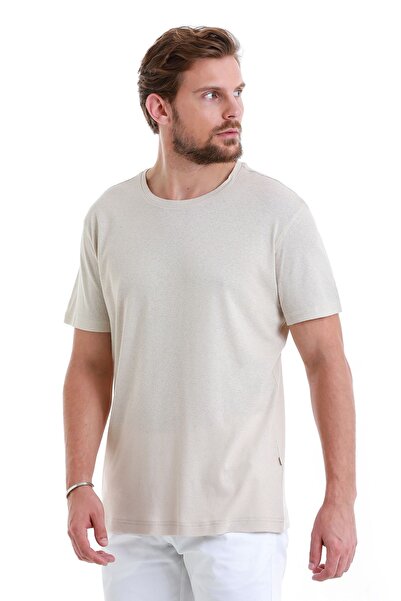Hatemoğlu Λινό μπλουζάκι Ecru Regular Fit Solid Crew Neck