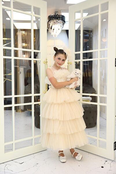 MİSS RAİN ETEĞİ FIRFIR DÖRT KATLI TAŞ KEMER DETAYLI PULLU TÜLLÜ KIZ ÇOCUK ABİYE ELBİSE-AKSESUAR