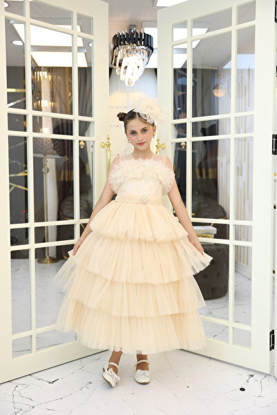 MİSS RAİN ETEĞİ FIRFIR DÖRT KATLI TAŞ KEMER DETAYLI PULLU TÜLLÜ KIZ ÇOCUK ABİYE ELBİSE-AKSESUAR