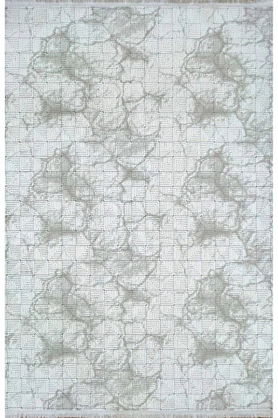 Stone ST6 Modern Desenli Dekoratif Krem - Bej Saçaklı Salon Halısı