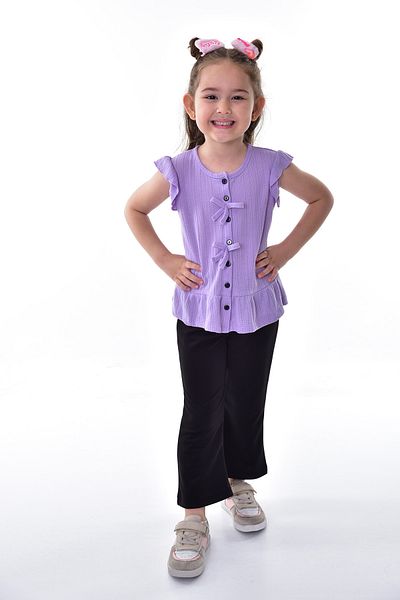 ZUZUNGA Girl's Suit Set with Ruffle Sleeves and Buttoned Bow Detail