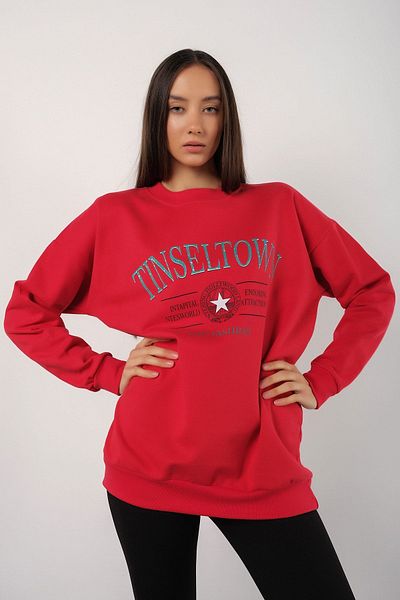 MODAGEN Women's Red Tinseltown Printed Crew Neck Oversize Sweatshirt
