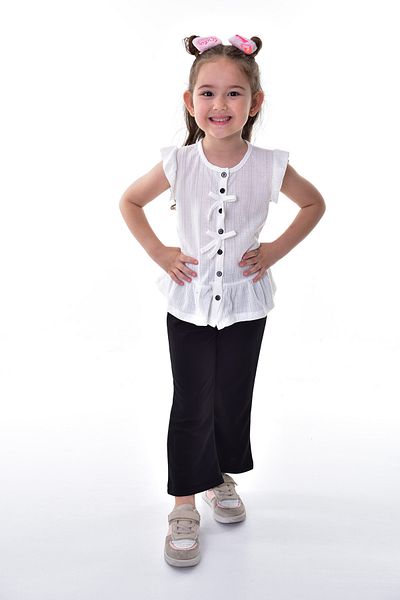 ZUZUNGA Girl's Suit Set with Ruffle Sleeves and Buttoned Bow Detail