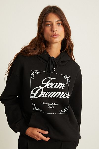 GRIMELANGE Sabine Γυναικεία στάμπα με λεπτομέρεια Fleece Εσωτερική κουκούλα Kangaroo Pocket Relaxed Fit Μαύρο φούτερ