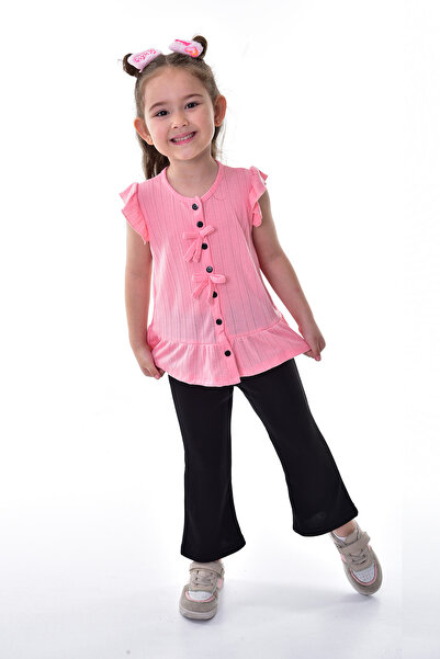 ZUZUNGA Girl's Suit Set with Ruffle Sleeves and Buttoned Bow Detail