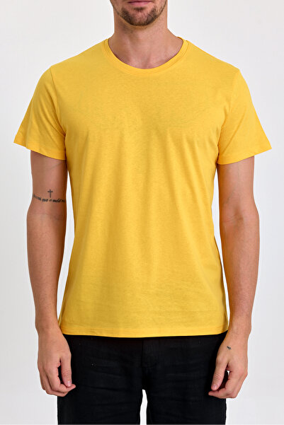 COMBİNE MİCHAİL Erkek Slim Fit %100 Pamuk Bisiklet Yaka Basic Tişört SARI
