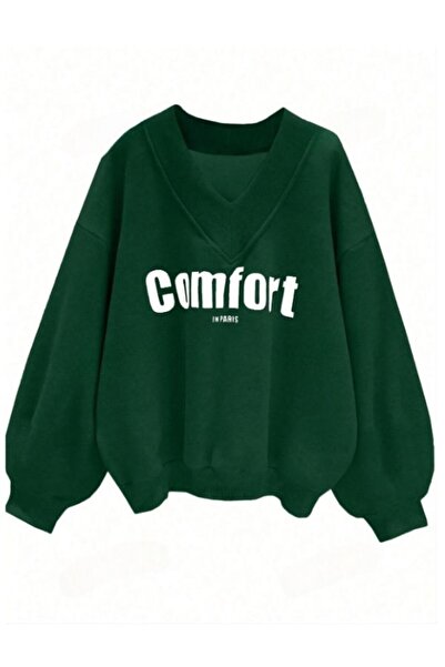 MOONBULL Hanorac supradimensionat pentru femei cu decolteu în V cu imprimeu P...