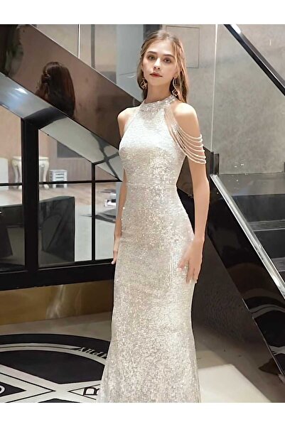 elissaa HALTER YAKA BONCUK DETAYLİ PUL PAYET ABİYE ELBİSE