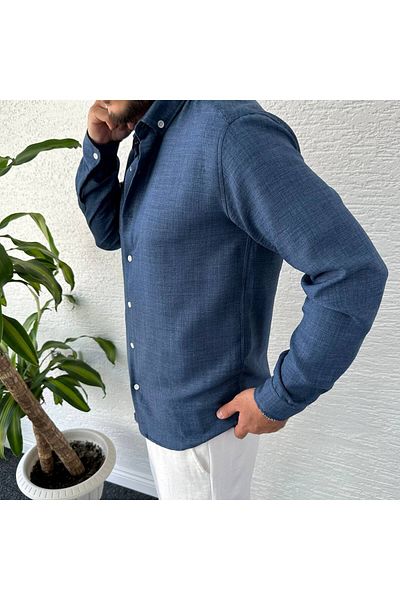 tetramoda Πουκάμισο από λινό Navy Blue Crinkle