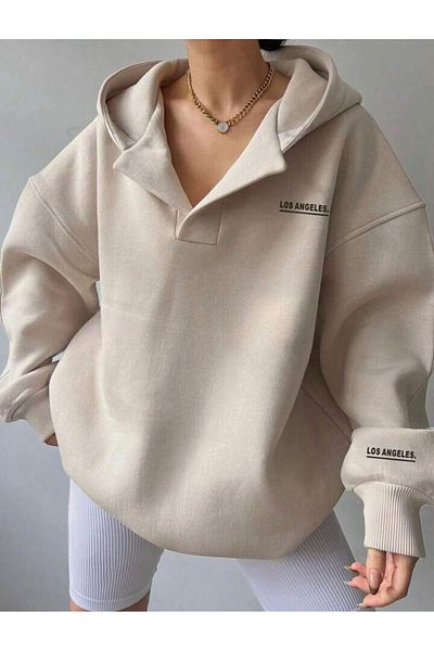 CAST COLLECTİON Γυναικείο φούτερ Los Angeles Beige με κουκούλα