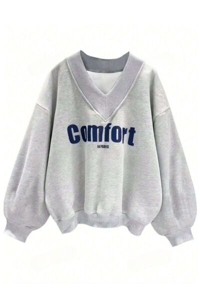 MOONBULL Kadın Comfort In Paris Baskılı Derin V Yakalı Oversize Sweatshirt