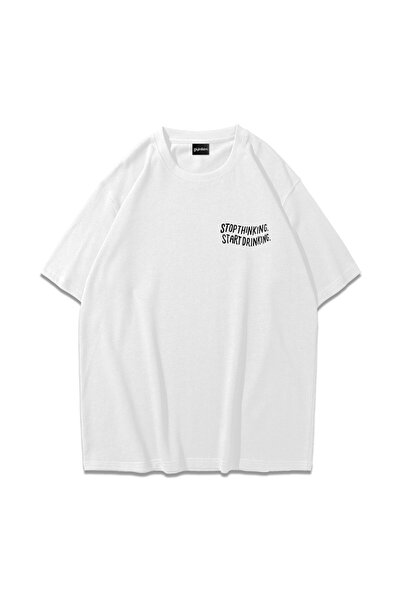 giyinikim تي شيرت أبيض كبير الحجم - توقف عن التفكير