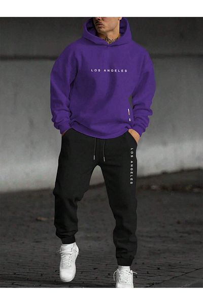 Black Sokak Loss Angeles Printed Purple-Black Men's Sweatshirt and Sweatpants Set - Oversize Hoodie