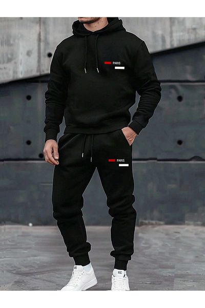 Black Sokak Black OvErsizE SwEatshit - Paris PrintEd HoodEd Tracksuit SEt
