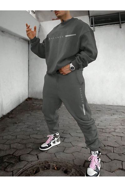 Black Sokak Anthracite Balance Printed Men's Sweatshit Suit - Oversize Crew Neck Tracksuit Bottom Top Set