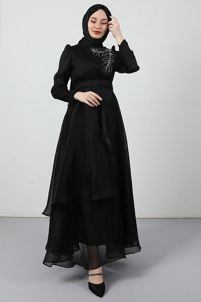 Giza Giyim Rochie de Seara din Organza Stoned Neagra