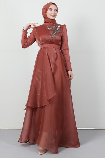 Giza Giyim Coral Stoned Organza Evening Dress