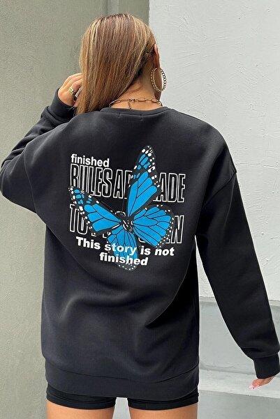 MODAGEN Γυναικεία μπλούζα με στάμπα με πεταλούδα μπροστά και πίσω, μαύρη μπλούζα με λαιμόκοψη