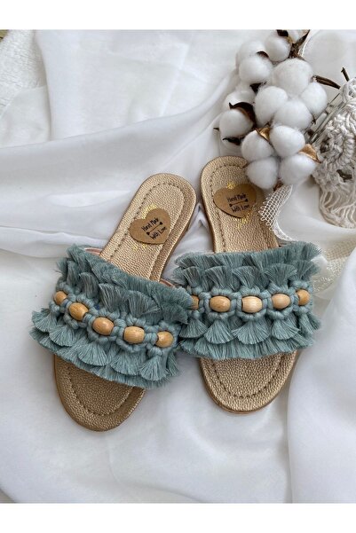 BRC Mint Boncuklu Makrome Terlik