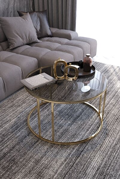 Nies Aksesuar Armoni Orta Sehpa Gold Ayak Füme Cam