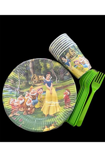 partideyince 8-Person Snow White and Seven Dwarfs and Plate Cup and Fork Set