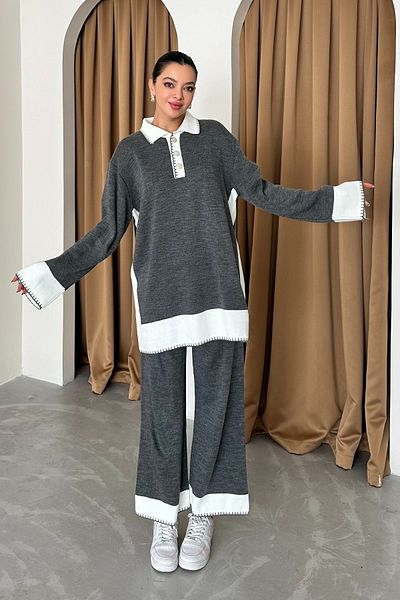 MODAGEN Gray White Knitwear Set - Shirt Collar, Buttoned Bottom-Top Set