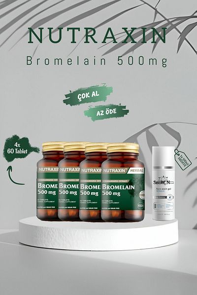 Nutraxin Bromelain 500mg Table + Facial Cleanser Gel 100ml - 4 Pieces SET