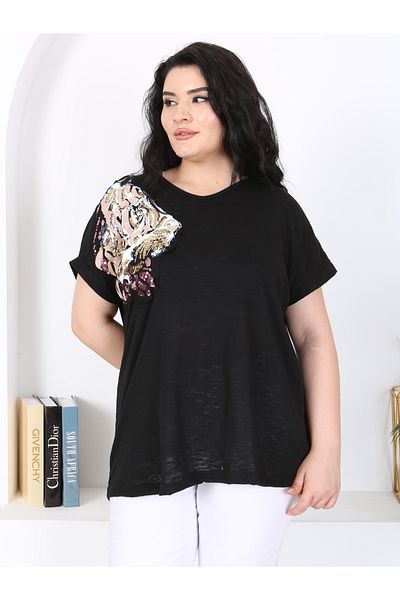 LİKRA Plus Size Sequined EmBroidered FlexiBle Viscose Blouse