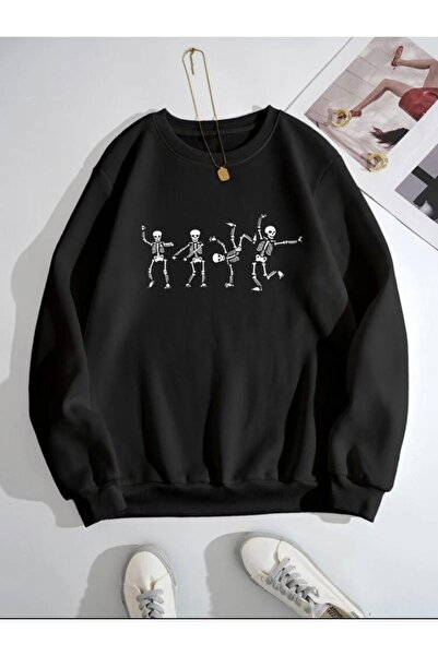 Mhm Hanorac oversize din bumbac cu imprimeu schelet negru - unisex, decolteu