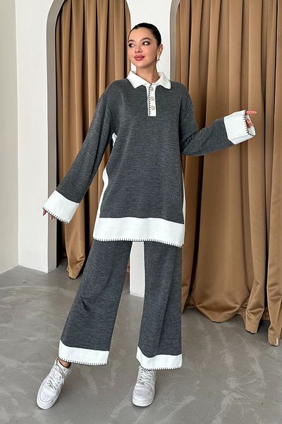 MODAGEN Gray White Knitwear Set - Shirt Collar, Buttoned Bottom-Top Set