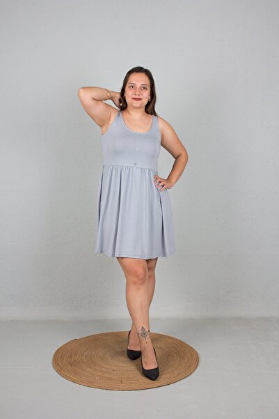 Truva XXL Gray Large Size Front Ornamental Buttoned Dress