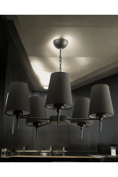 avizade 5li Siyah Modern Konik Abajur Şapkalı Metal Avize
