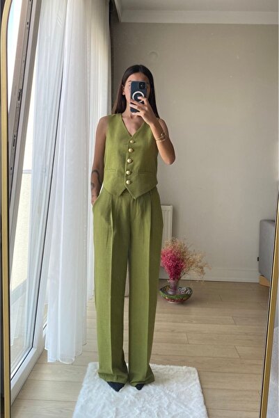 cn novembersun طقم سترة وبنطلون نسائي من الكتان الأخضر - مزين بأزرار