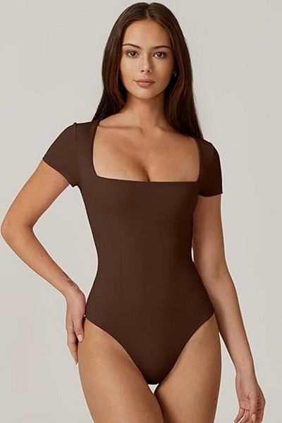 zaccana z Women's Silk Jersey Bodysuit - Square Neck, Double Layer, Short Sleeve K34