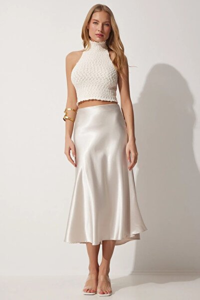 MERİT FASHION Krem Saten Midi Boy Etek