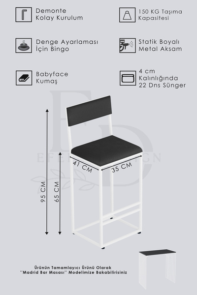 ED Efelez Design İbiza Bar Sandalyesi , Bar Taburesi , Ada Mutfak Sandalyesi , Taburesi - Siyah Kumaş