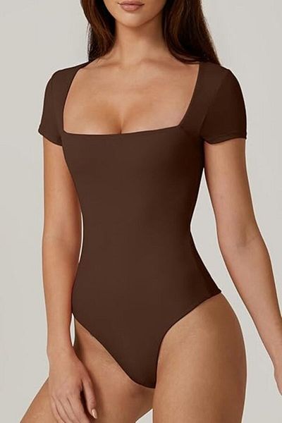 zaccana z Women's Silk Jersey Bodysuit - Square Neck, Double Layer, Short Sleeve K34