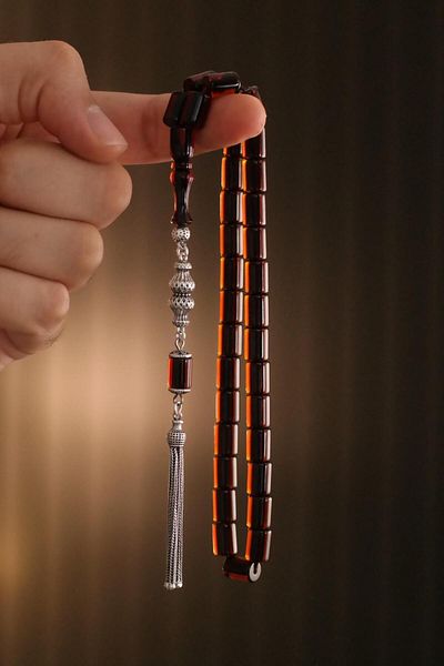 dergah tesbih Silver Colored Ottoman Model Clamping Amber Design