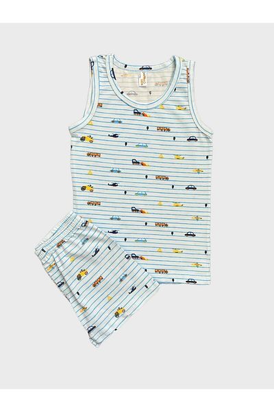 elmas kids Set de tricou din bumbac cu dungi albastre pentru băiat - cu model de mașină
