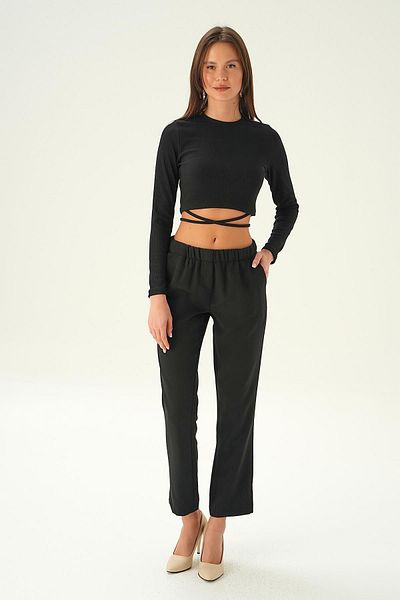 Rays 6315A - Pantaloni negri cu buzunare cu talie elastică