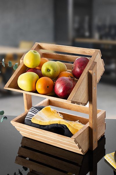 PAKÇAM KERESTE Ela Wood Working - 2-Tier Natural Wooden Countertop Fruit and Crisper