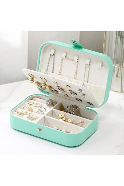 Schulzz Cutie de bijuterii dreptunghiulară verde - Organizator de bijuterii cu 3 compartimente, organizator de călătorie pentru cercei și colier