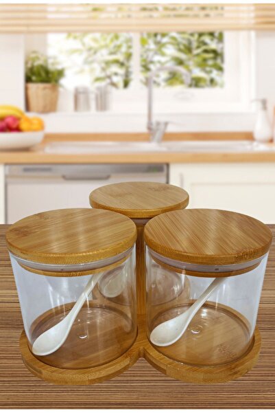 Bonjour 10 Parça Bambu Standlı/3 Kavanozlu/Baharatlık Kaşık Hediyeli/Borosili...