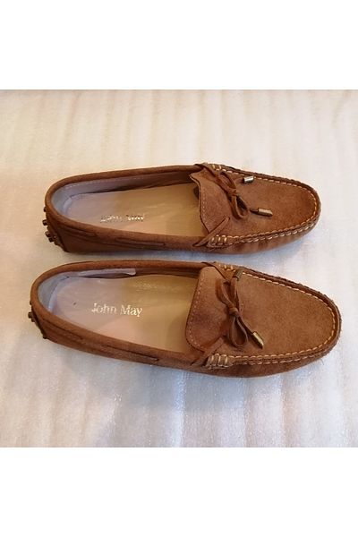 John May Tan Colored Women's Loafer - Genuine Leather, Suede Handmade, Thin Stiff Crampon, Non-Slip Sole