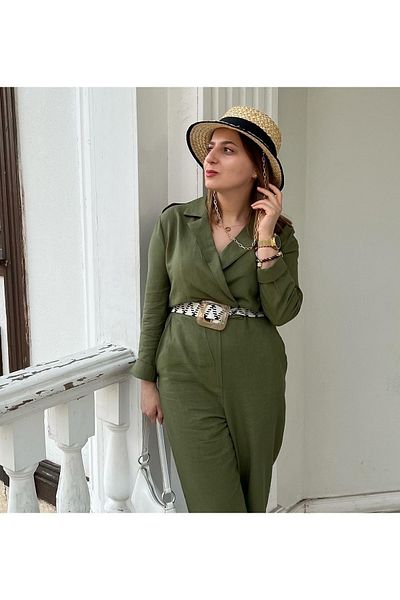 Flow Khaki Linen Jumpsuit with Straw Belt