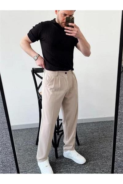 ketench Men's Pleated Baggy Elastic Waist Fabric Trousers-Beige(E1010)