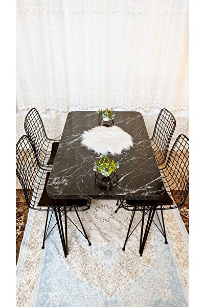 YusGos Mutfak Yemek Masa Takımı Mermer Desencafe Masası 4 Adet Tel Sandalye 1...