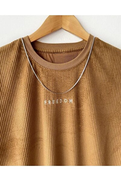 A&O Style Ανδρικό καφέ Oversize Freedom κεντημένο καλοκαιρινό κοντομάνικο βελούδινο μπλουζάκι